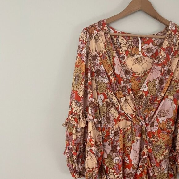 Free People Under Wraps Ruched Boho Floral Mini Dress Size 12 - Picture 9 of 9